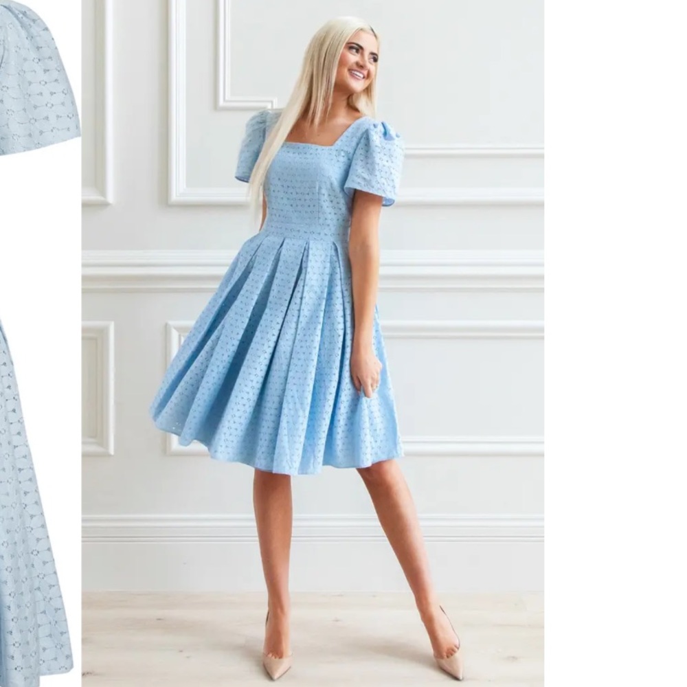 Rachel Parcell Light Blue Eyelet Puff-Sleeve Fit-and-Flare Dress - Picture 2 of 8